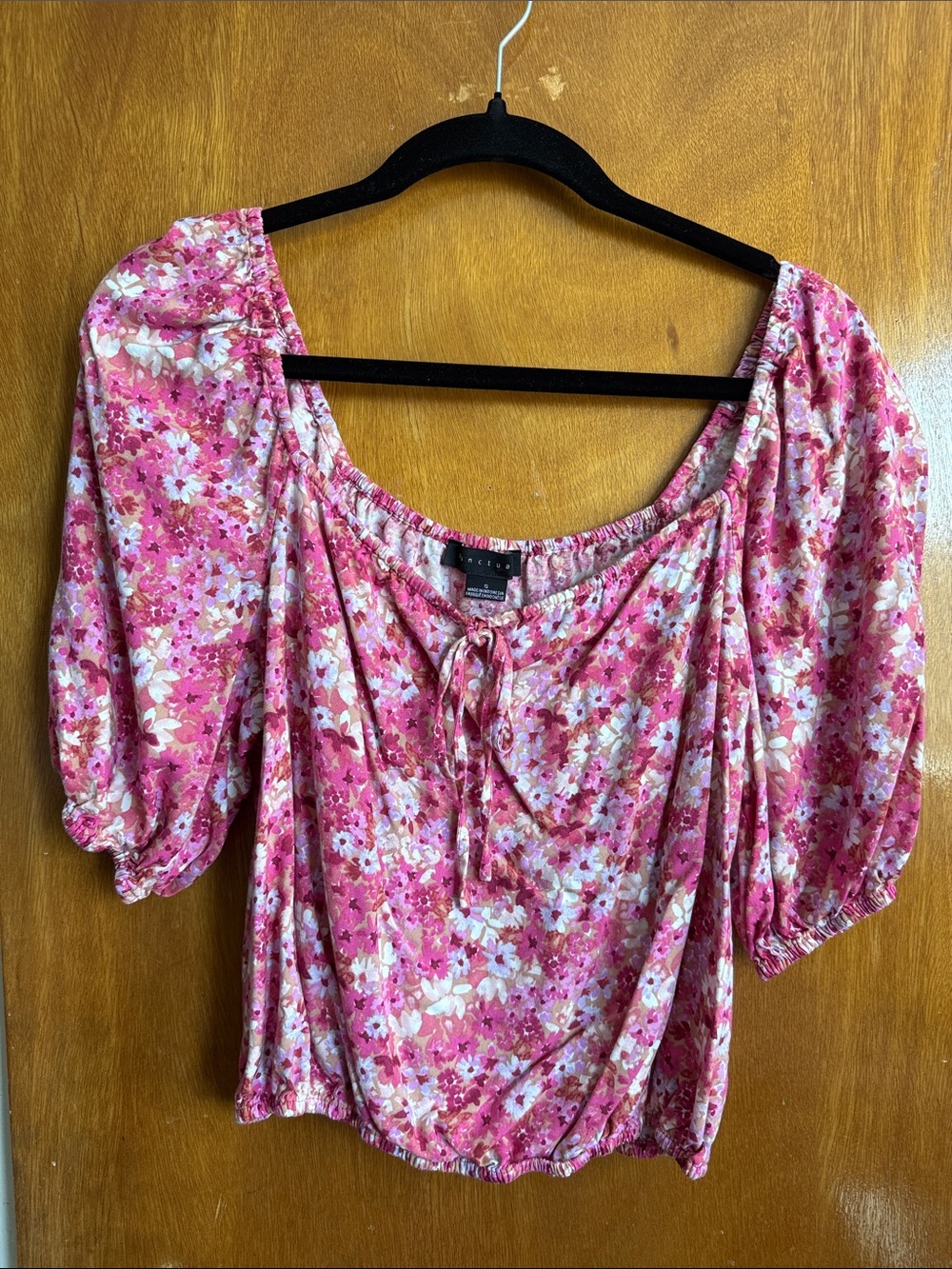 Sanctuary Pink Floral Peasant Blouse with Tie Neck